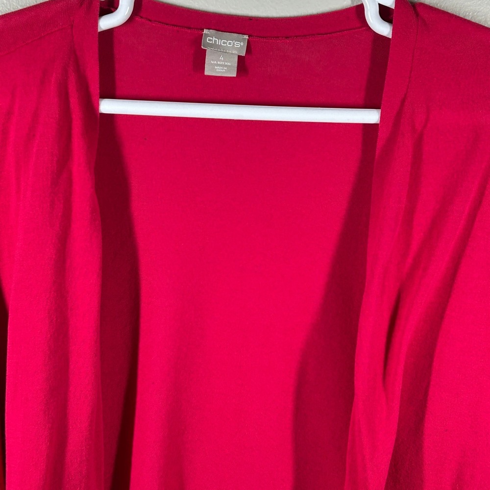 Chicos Pink Open Front Cardigan Ruched 3/4 Sleeve Cotton Knit Sweater Size 4 XXL